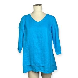 ALI MILES Blue 100% Linen V Neck Top Tunic Shirt Lagenlook Size S Cut Out Artsy